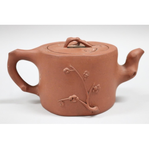 67 - Antique Yixing Zhusha clay tea pot, of bamboo and blossom design, branch form handle, approx 11cm H ... 