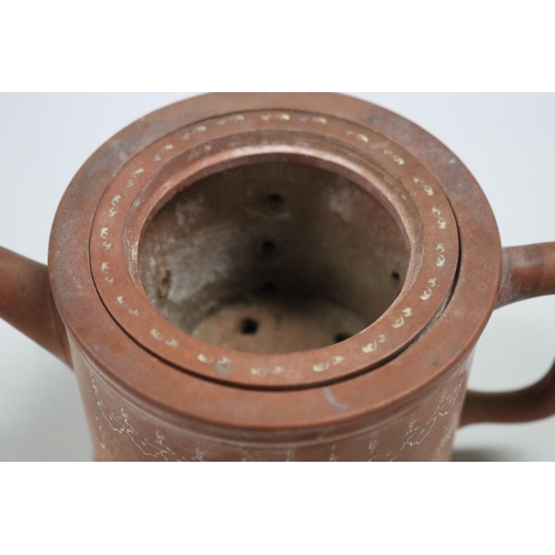 68 - Antique Chinese Yixing Zhusha clay cylinder tea pot, fine incised bands of decoartion. wit original ... 