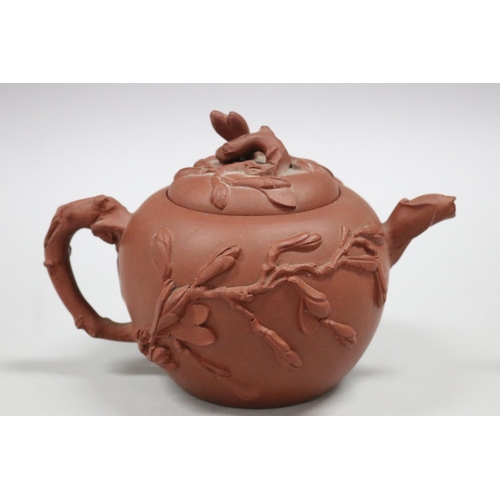 69 - Fine antique Yixing tea pot, raised decoration, label to base of Sydney L Moss London, approx 12cm H... 