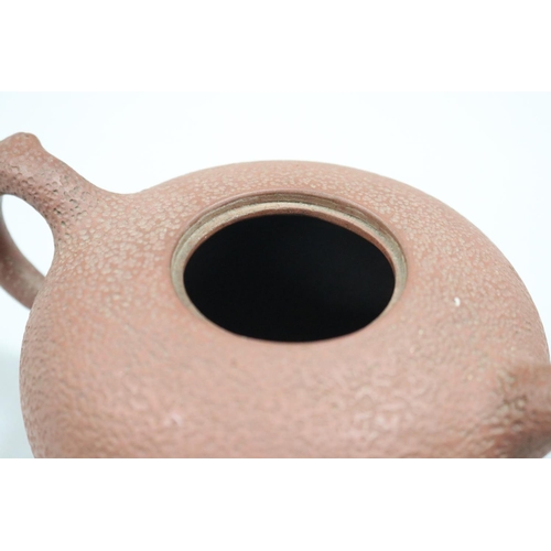 70 - Antique Chinese textured finished melon form Yixing tea pot, vine form loop handle, impressed makers... 