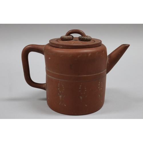 71 - Antique Chinese Yixing terracotta tea pot, of plain cylinder form, loop cover handle with two rope t... 