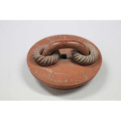 71 - Antique Chinese Yixing terracotta tea pot, of plain cylinder form, loop cover handle with two rope t... 