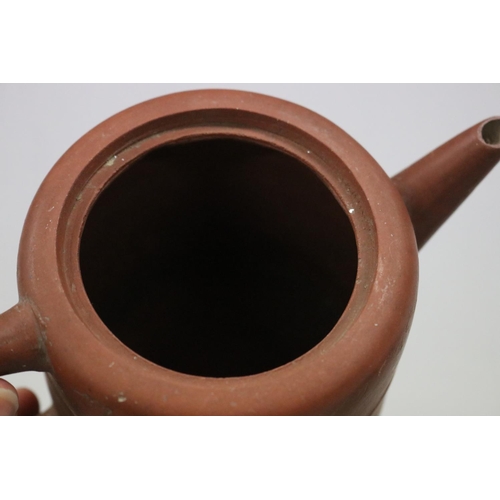 71 - Antique Chinese Yixing terracotta tea pot, of plain cylinder form, loop cover handle with two rope t... 