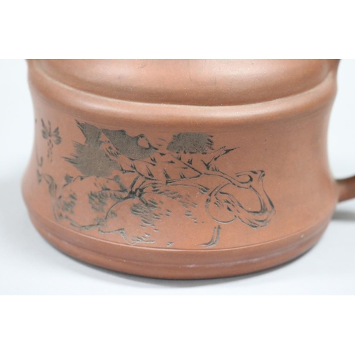 72 - Large size Chinese Yixing Zhusha clay tea pot, of stepped bamboo design. Impressed seal mark to base... 