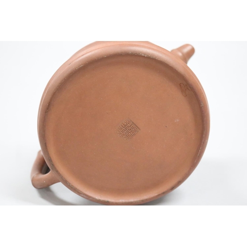 72 - Large size Chinese Yixing Zhusha clay tea pot, of stepped bamboo design. Impressed seal mark to base... 