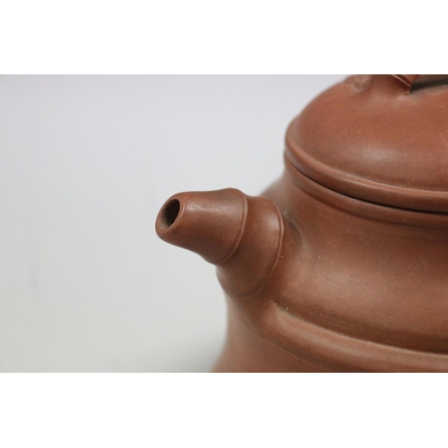 72 - Large size Chinese Yixing Zhusha clay tea pot, of stepped bamboo design. Impressed seal mark to base... 