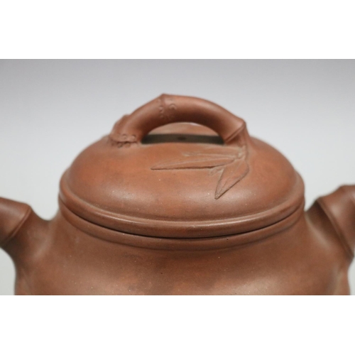 72 - Large size Chinese Yixing Zhusha clay tea pot, of stepped bamboo design. Impressed seal mark to base... 