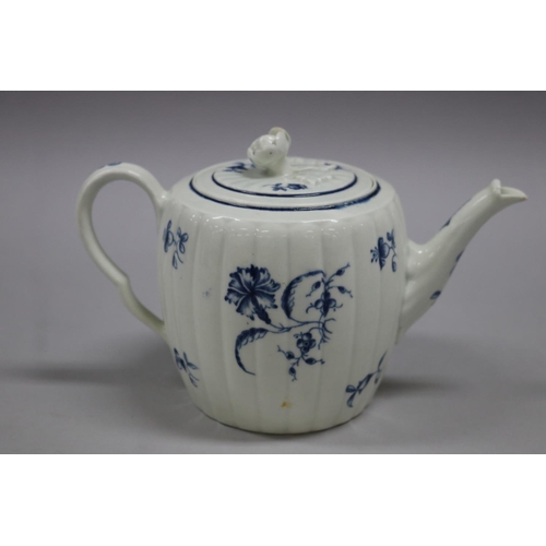 74 - Antique 18th century porcelain blue and white tea pot. of fluted barrel shape, with bud finial handl... 