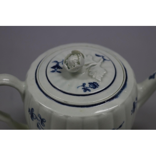 74 - Antique 18th century porcelain blue and white tea pot. of fluted barrel shape, with bud finial handl... 