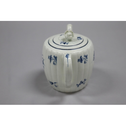 74 - Antique 18th century porcelain blue and white tea pot. of fluted barrel shape, with bud finial handl... 