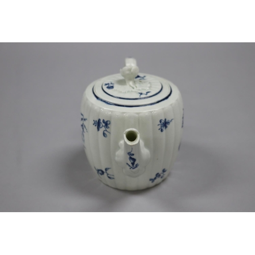 74 - Antique 18th century porcelain blue and white tea pot. of fluted barrel shape, with bud finial handl... 