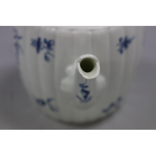 74 - Antique 18th century porcelain blue and white tea pot. of fluted barrel shape, with bud finial handl... 