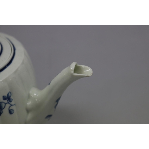 74 - Antique 18th century porcelain blue and white tea pot. of fluted barrel shape, with bud finial handl... 