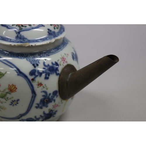 76 - Two antique 18th century tea pots, one Chinese export with replacement spout, staple repairs, along ... 