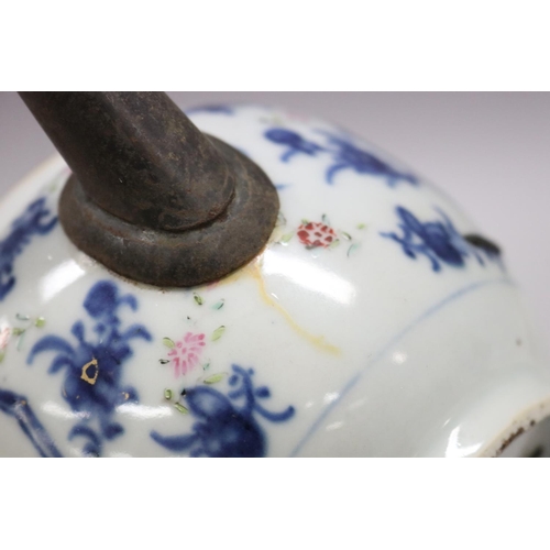 76 - Two antique 18th century tea pots, one Chinese export with replacement spout, staple repairs, along ... 