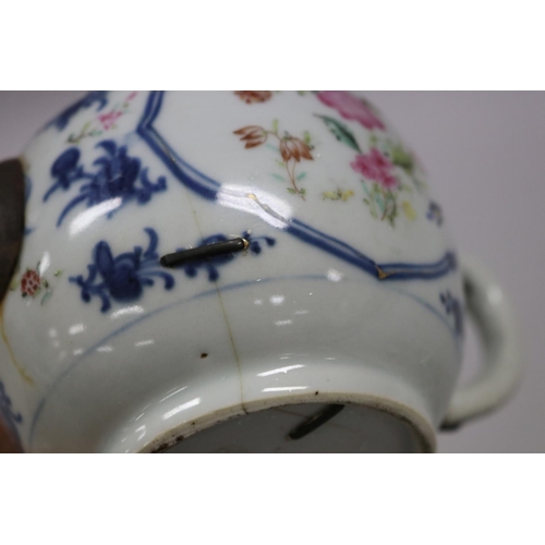 76 - Two antique 18th century tea pots, one Chinese export with replacement spout, staple repairs, along ... 