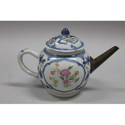 76 - Two antique 18th century tea pots, one Chinese export with replacement spout, staple repairs, along ... 