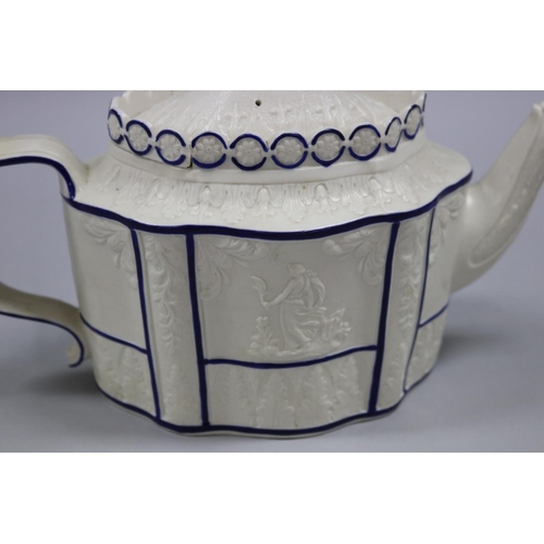 77 - Early 19th century English feldspathic stoneware teapot with sliding lid, decorated with crisply mou... 