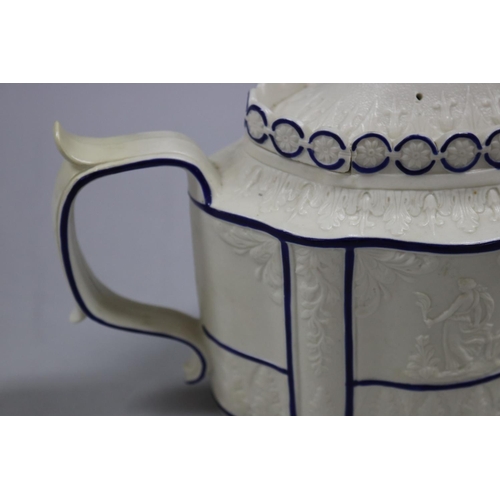 77 - Early 19th century English feldspathic stoneware teapot with sliding lid, decorated with crisply mou... 