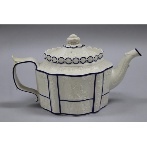 77 - Early 19th century English feldspathic stoneware teapot with sliding lid, decorated with crisply mou... 