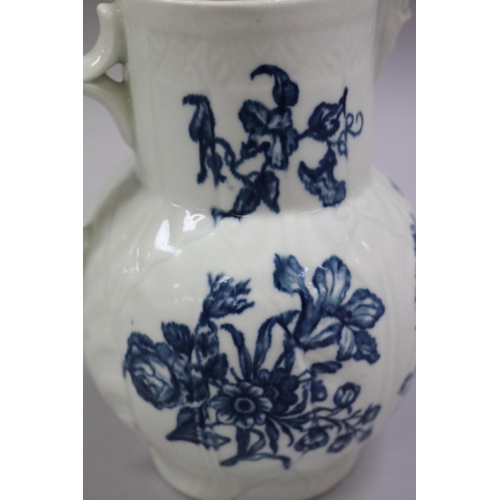 81 - Antique Worcester cabbage leaf mask head jug, under glaze blue flower pattern, double C scroll handl... 