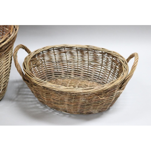 3021 - Two vintage French woven baskets, approx 28cm H ex handle x 52cm W x 41cm D and smaller (2)