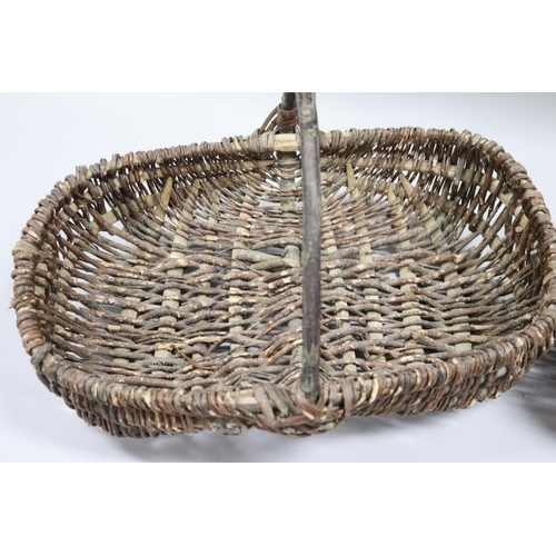 3024 - Two old French woven flower pickers baskets, approx 15cm H ex handle x 52cm W x 34cm D and smaller (... 