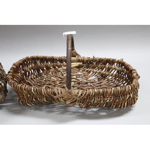 3024 - Two old French woven flower pickers baskets, approx 15cm H ex handle x 52cm W x 34cm D and smaller (... 