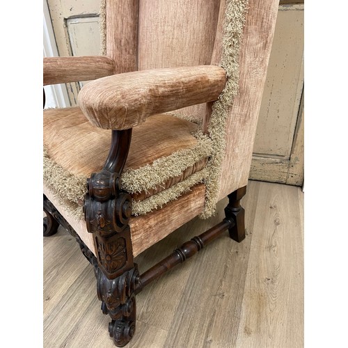 96 - Antique Flemish Baroque upholstered high back arm chair, well carved elaborate carved legs and stret... 