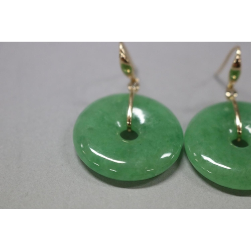 179 - Pair of jade and diamond disc earrings set in 14ct gold, disc approx 1.7cm dia (2)