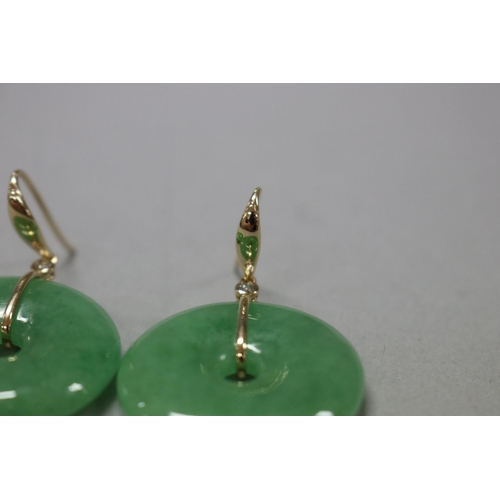 179 - Pair of jade and diamond disc earrings set in 14ct gold, disc approx 1.7cm dia (2)