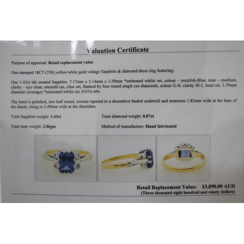 180 - 18ct white and yellow gold ring, claw set created emerald cut sapphire flanked by four round diamond... 