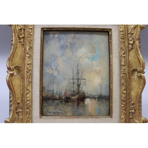 144 - F E Rabhel?? French school, oil on board, Harbour view with ships, approx 23cm x 28cm