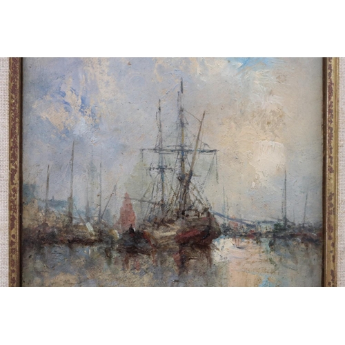 144 - F E Rabhel?? French school, oil on board, Harbour view with ships, approx 23cm x 28cm