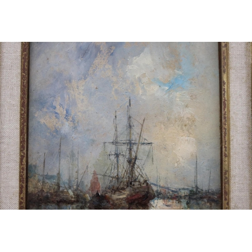 144 - F E Rabhel?? French school, oil on board, Harbour view with ships, approx 23cm x 28cm