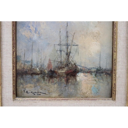 144 - F E Rabhel?? French school, oil on board, Harbour view with ships, approx 23cm x 28cm