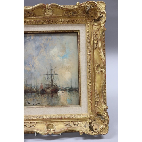 144 - F E Rabhel?? French school, oil on board, Harbour view with ships, approx 23cm x 28cm