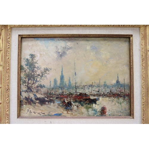 145 - F E Rebheal? French school, oil on board, cityscape, signed lower left, approx 22.5cm x 31cm