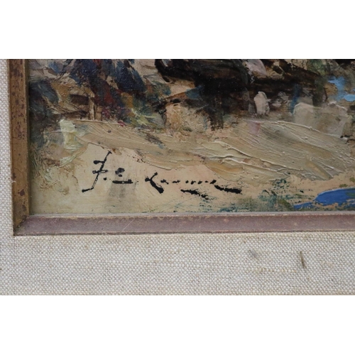 145 - F E Rebheal? French school, oil on board, cityscape, signed lower left, approx 22.5cm x 31cm