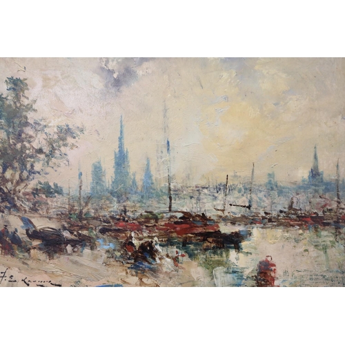 145 - F E Rebheal? French school, oil on board, cityscape, signed lower left, approx 22.5cm x 31cm