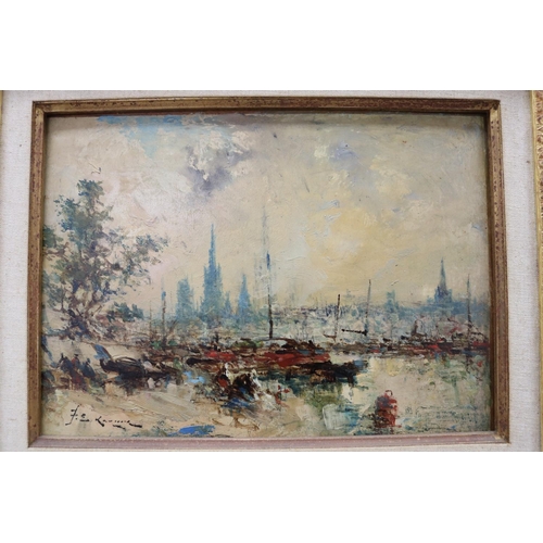 145 - F E Rebheal? French school, oil on board, cityscape, signed lower left, approx 22.5cm x 31cm