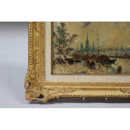 145 - F E Rebheal? French school, oil on board, cityscape, signed lower left, approx 22.5cm x 31cm