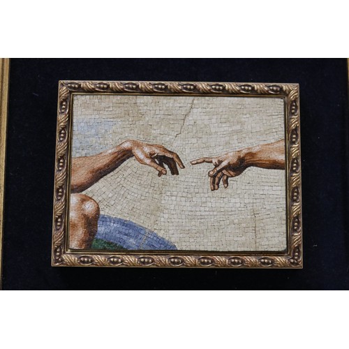 157 - Italian micro mosaic of Michelangelo's Creation of Adam, label verso, approx 14cm x 18cm