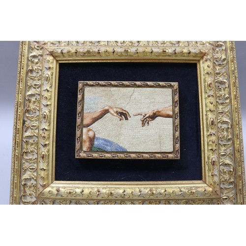 157 - Italian micro mosaic of Michelangelo's Creation of Adam, label verso, approx 14cm x 18cm