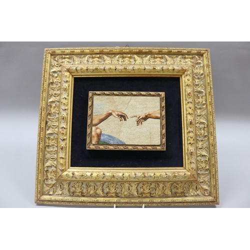 157 - Italian micro mosaic of Michelangelo's Creation of Adam, label verso, approx 14cm x 18cm