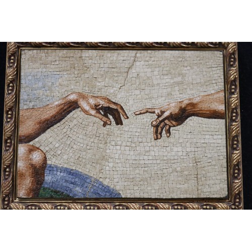 157 - Italian micro mosaic of Michelangelo's Creation of Adam, label verso, approx 14cm x 18cm