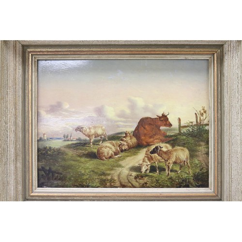 83 - Follower of Thomas Sidney Cooper, (British, 1803-1902), oil on board, cow and sheep in a landscape, ... 