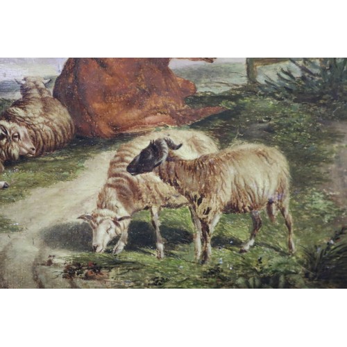 83 - Follower of Thomas Sidney Cooper, (British, 1803-1902), oil on board, cow and sheep in a landscape, ... 