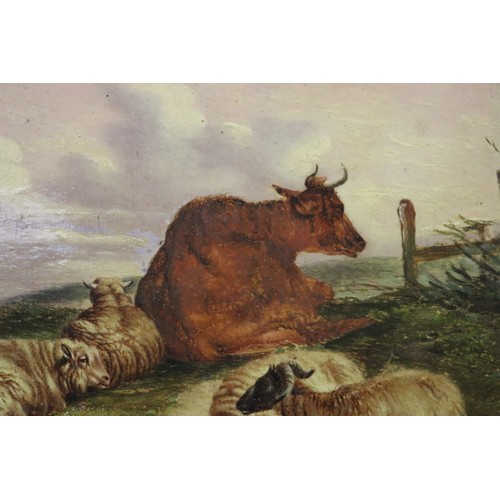 83 - Follower of Thomas Sidney Cooper, (British, 1803-1902), oil on board, cow and sheep in a landscape, ... 