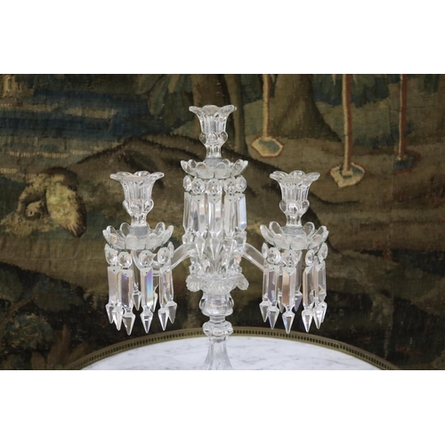 62 - Four stick crystal drop lustre candelabrum, likely Baccarat, no mark visible, approx 47cm H